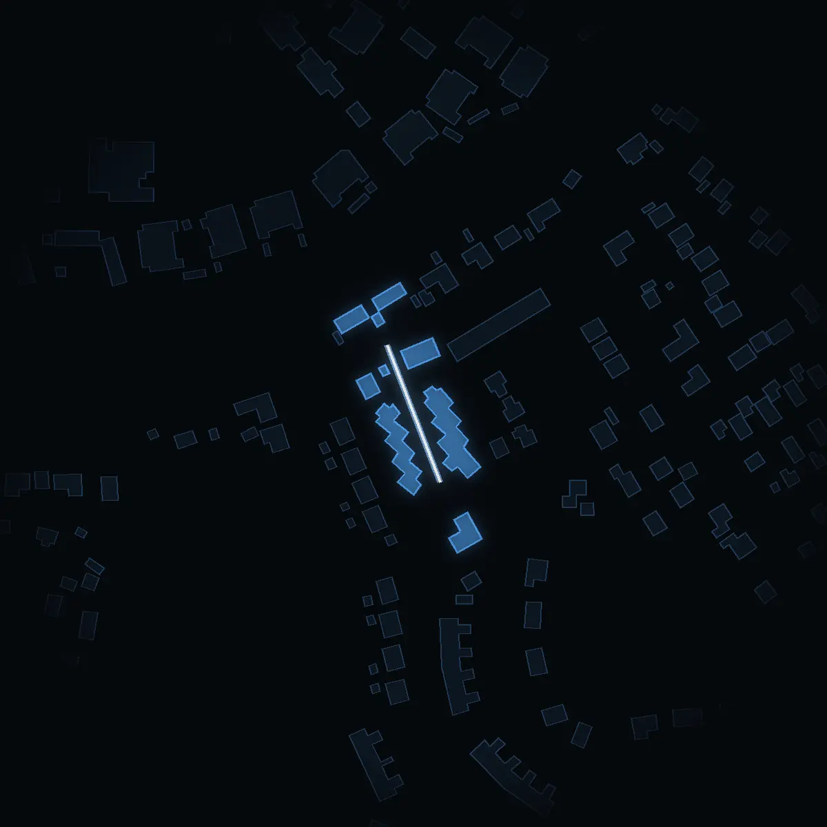 The street at night: Disavägen drawn in white, its buildings lit in the colour of their area’s income