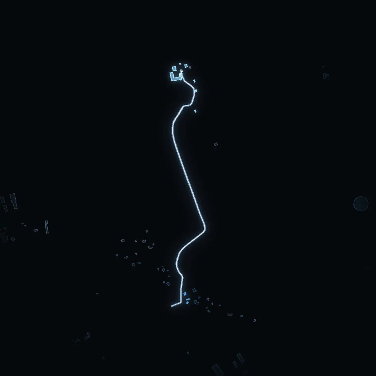 The street at night: Dyvingevägen drawn in white, its buildings lit in the colour of their area’s income