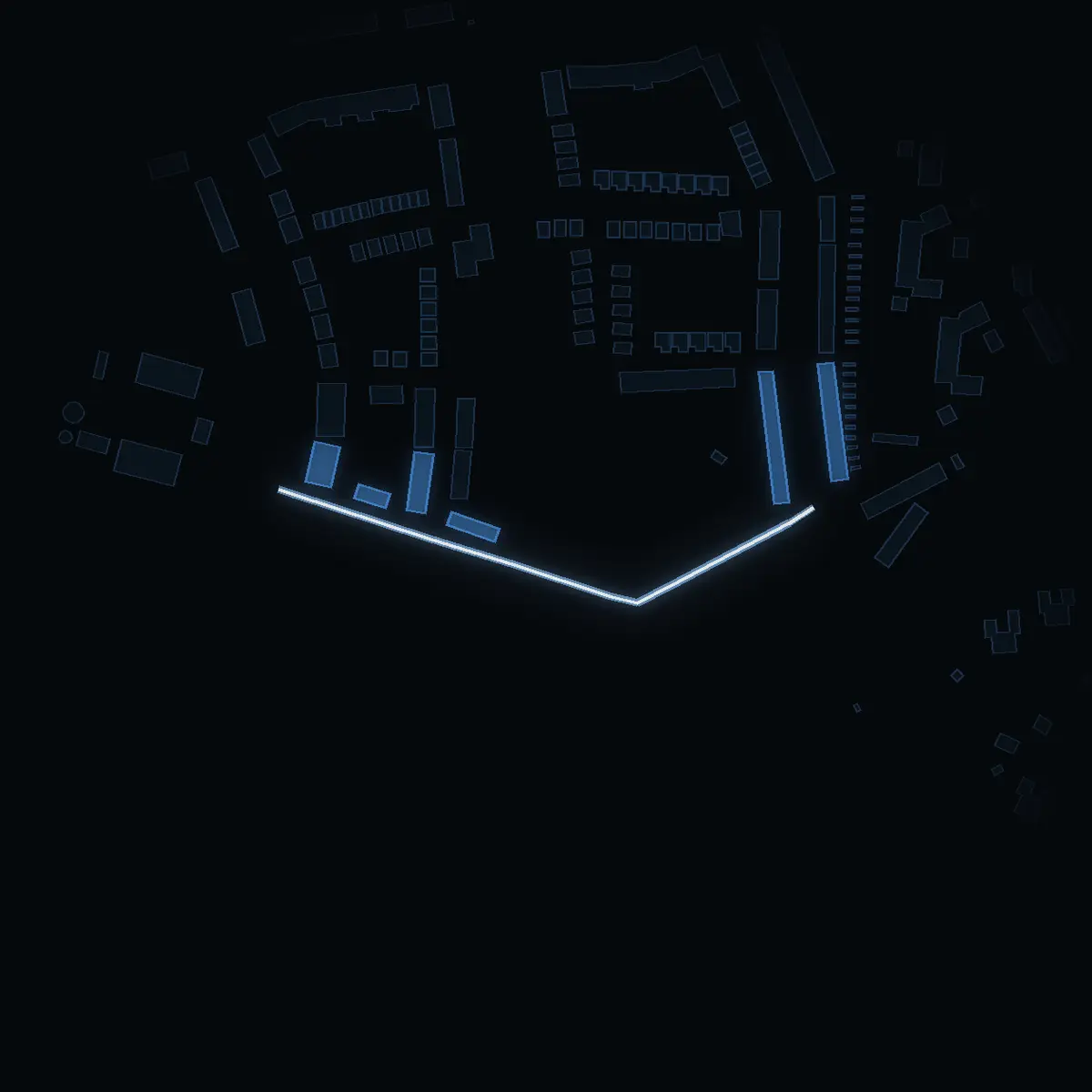 The street at night: Eds sjöväg drawn in white, its buildings lit in the colour of their area’s income