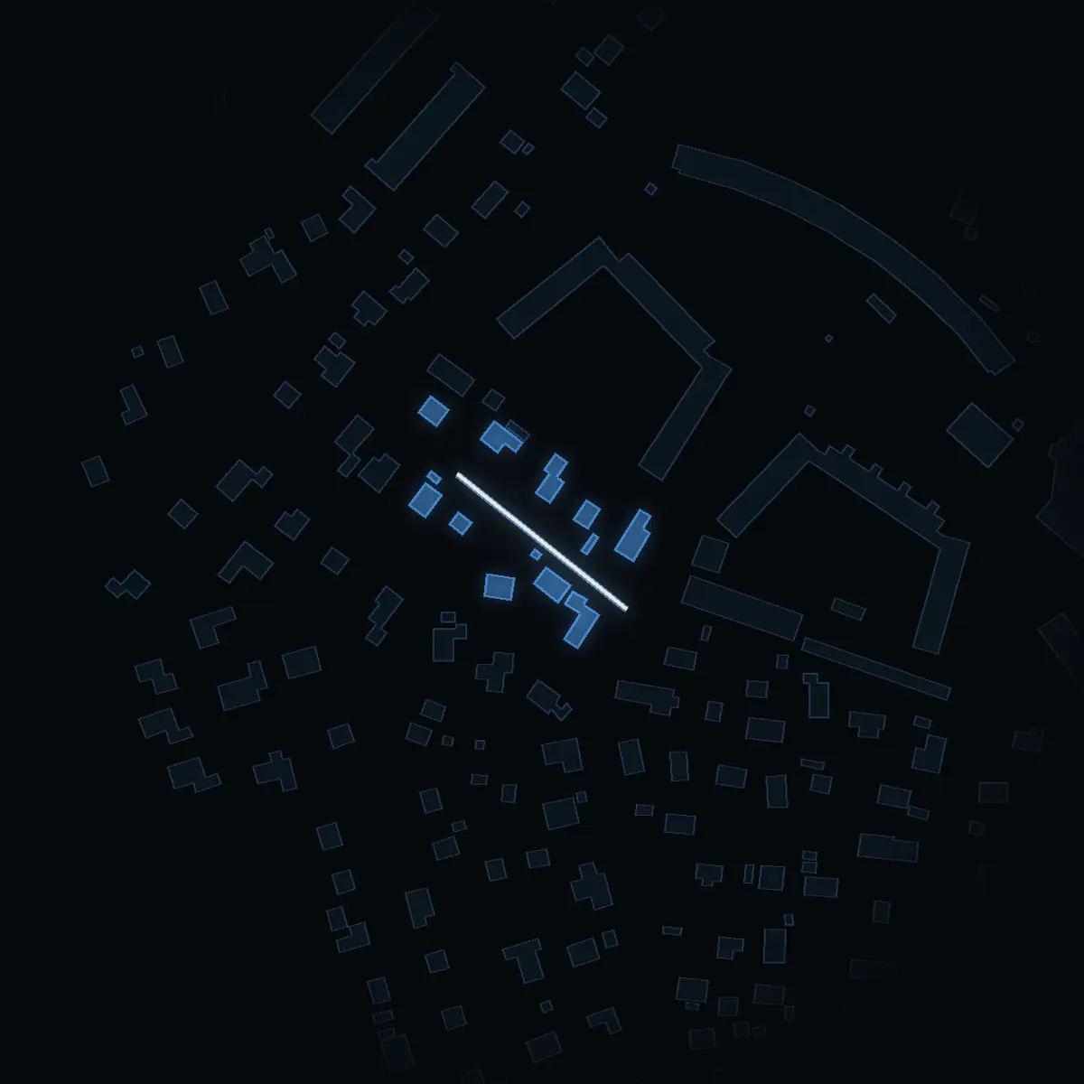 The street at night: Ekvägen drawn in white, its buildings lit in the colour of their area’s income
