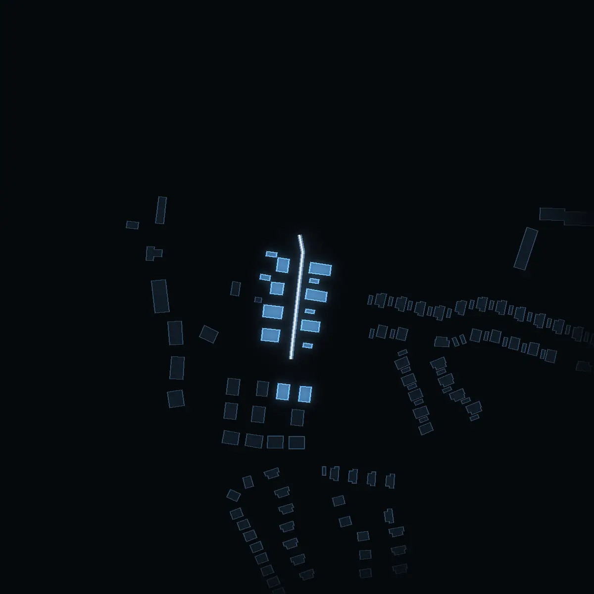 The street at night: Frisells Gränd drawn in white, its buildings lit in the colour of their area’s income