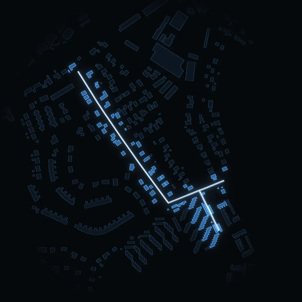 The street at night: Fruängsvägen drawn in white, its buildings lit in the colour of their area’s income