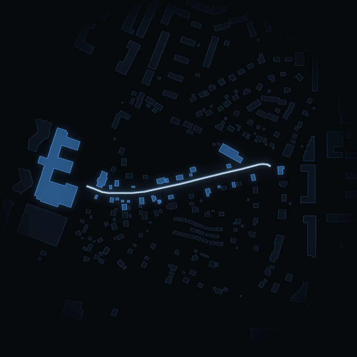 The street at night: Furubergsvägen drawn in white, its buildings lit in the colour of their area’s income
