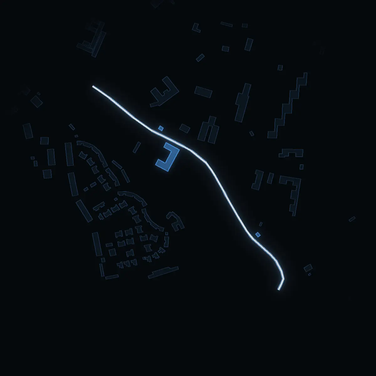The street at night: Gamla lasarettvägen drawn in white, its buildings lit in the colour of their area’s income