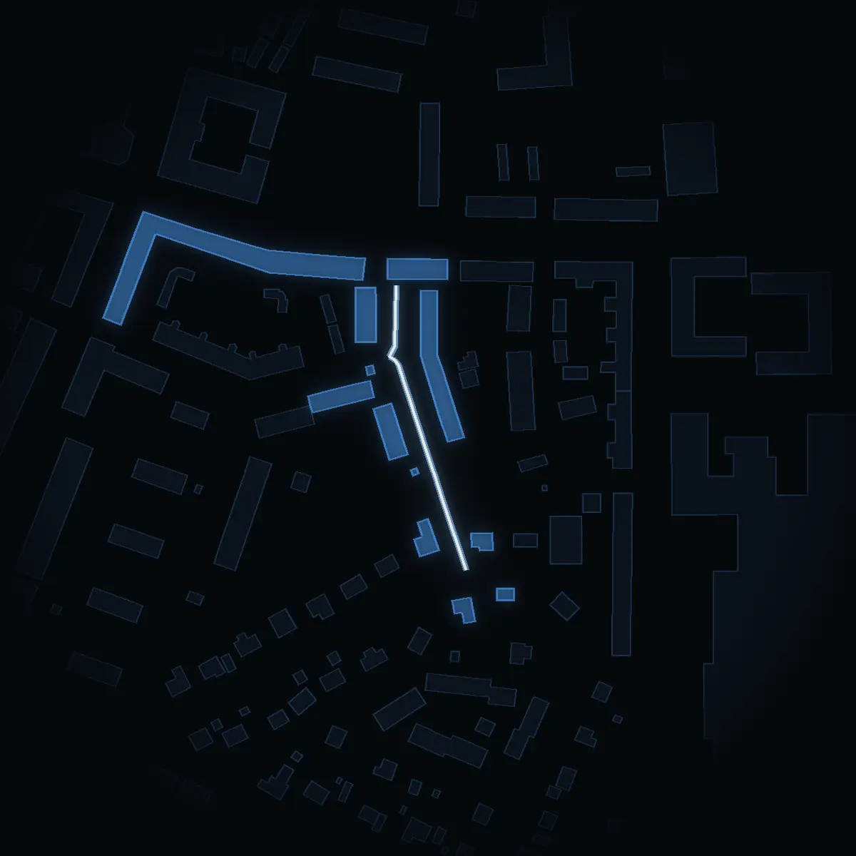 The street at night: Genvägen drawn in white, its buildings lit in the colour of their area’s income