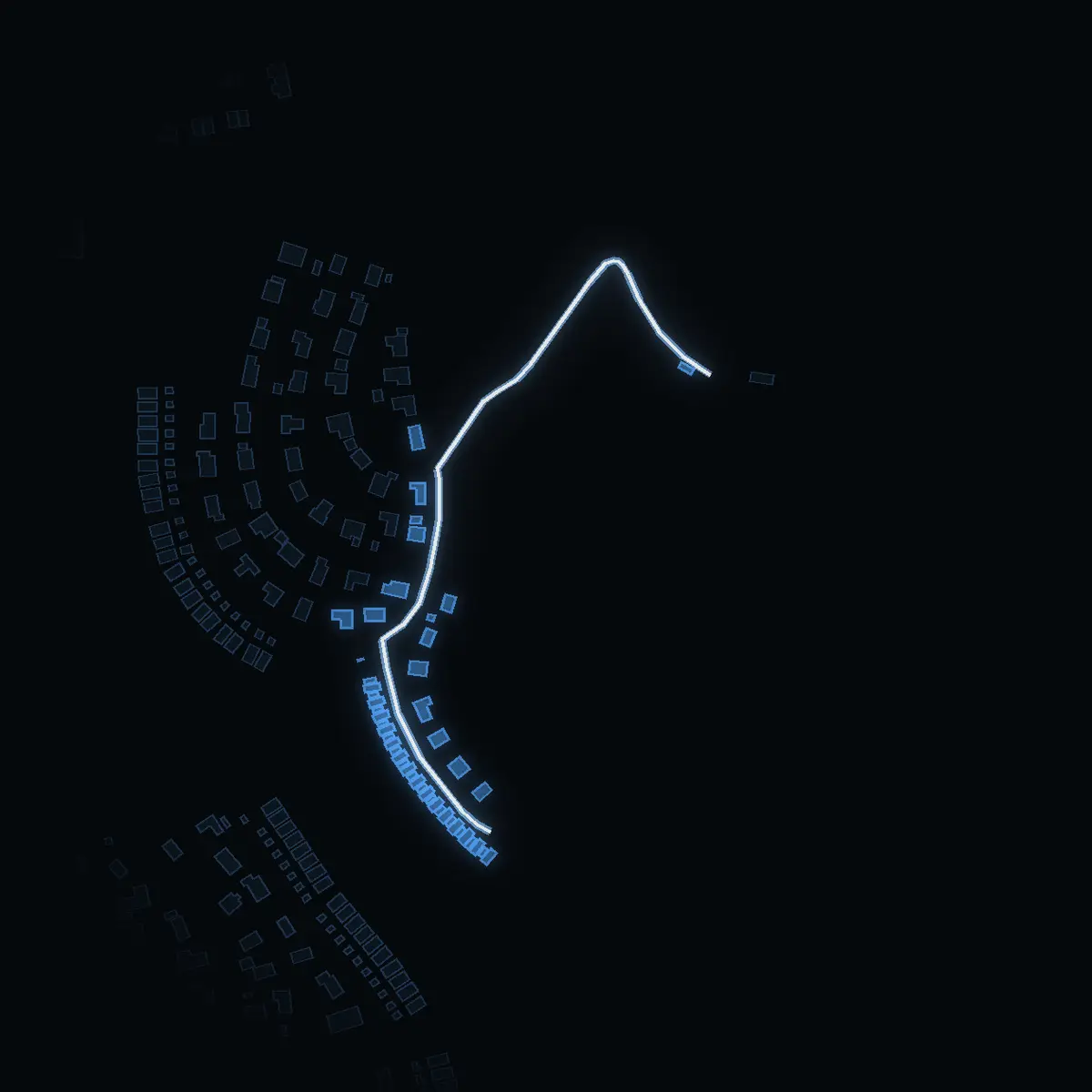 The street at night: Girestavägen drawn in white, its buildings lit in the colour of their area’s income