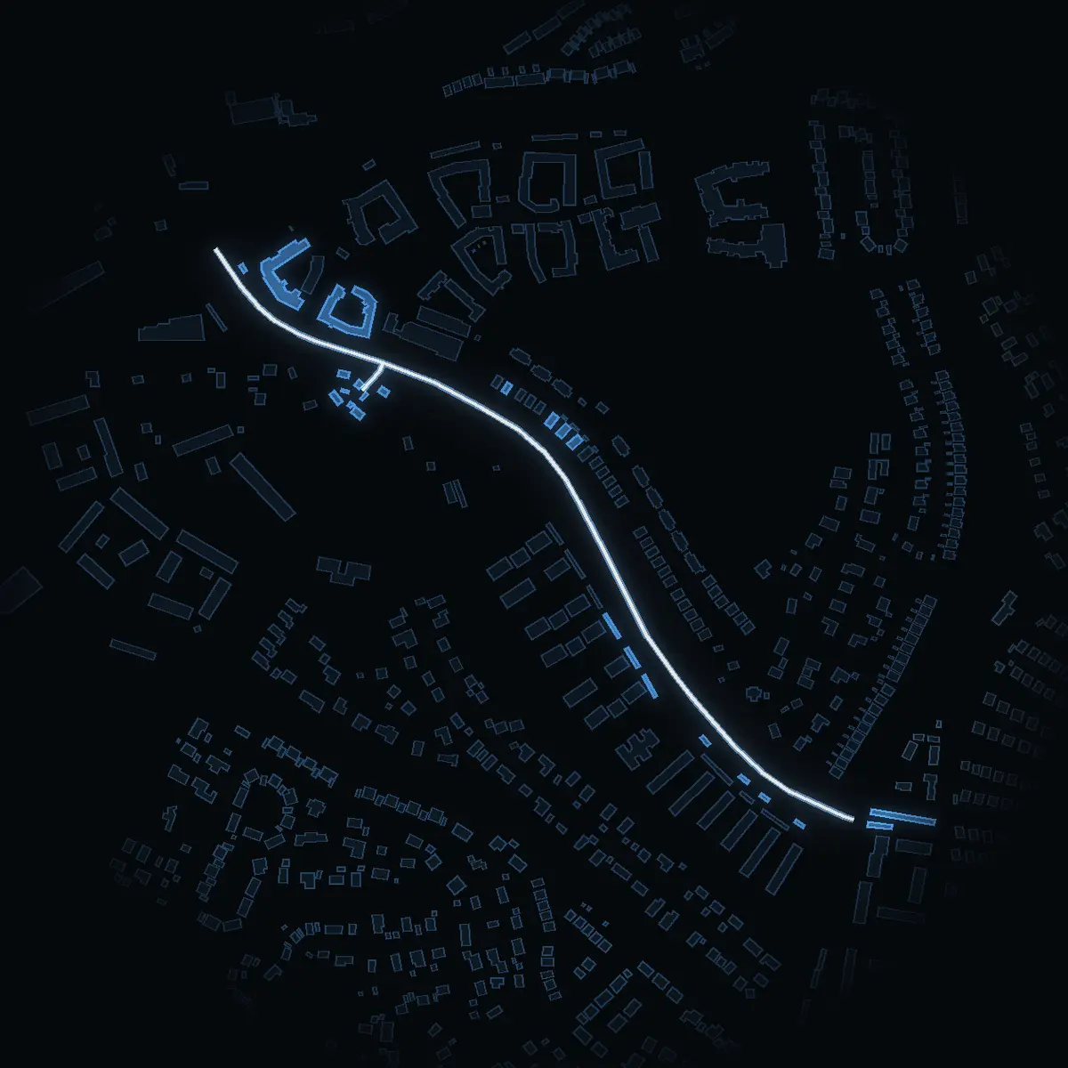 The street at night: Grimstavägen drawn in white, its buildings lit in the colour of their area’s income