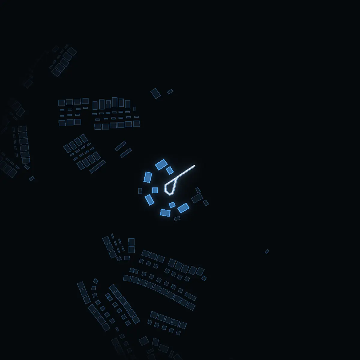 The street at night: Grindhagsvägen drawn in white, its buildings lit in the colour of their area’s income