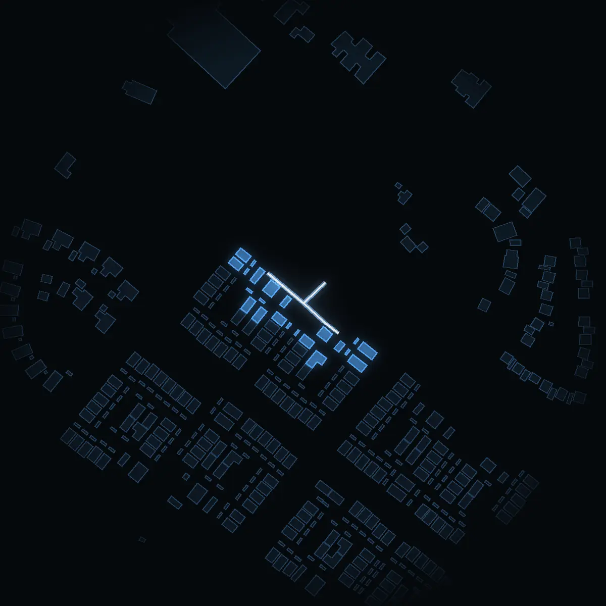 The street at night: Guldvingevägen drawn in white, its buildings lit in the colour of their area’s income