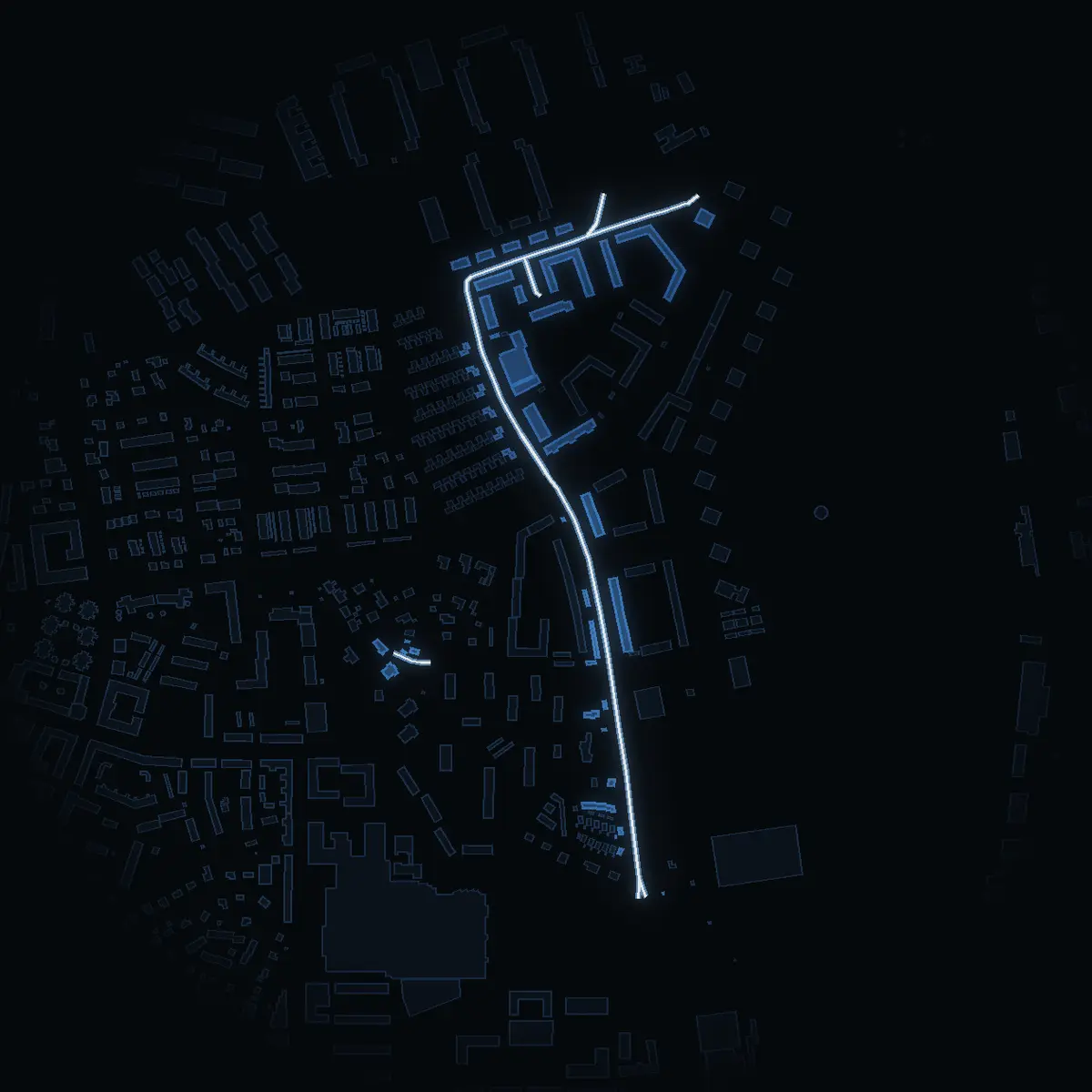 The street at night: Hammarbyvägen drawn in white, its buildings lit in the colour of their area’s income