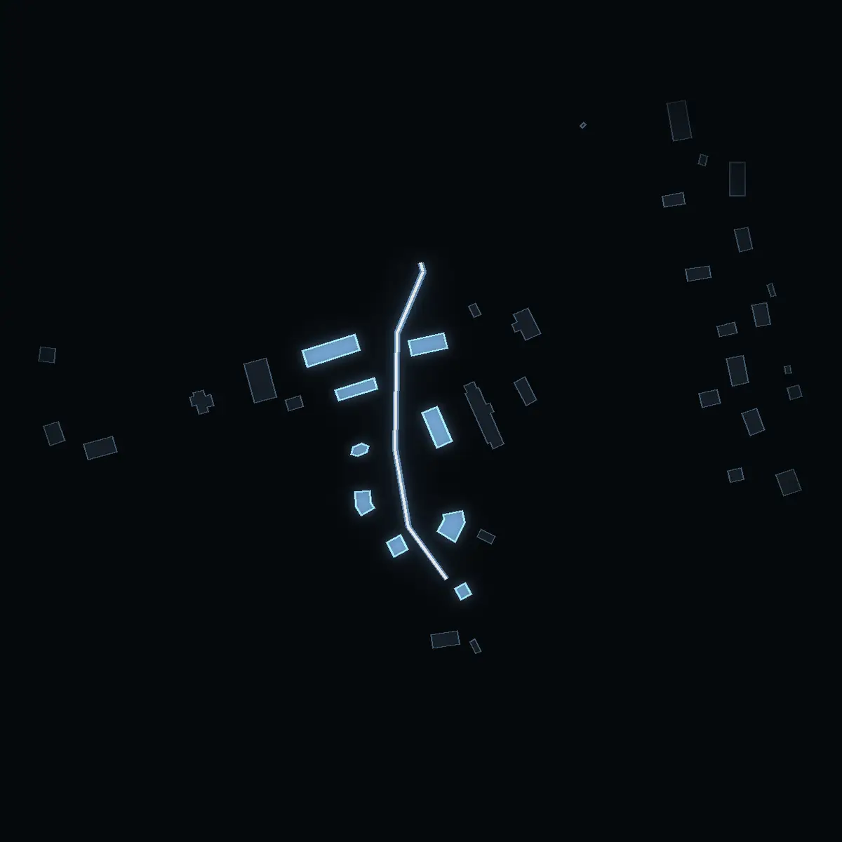 The street at night: Harva Ängsväg drawn in white, its buildings lit in the colour of their area’s income