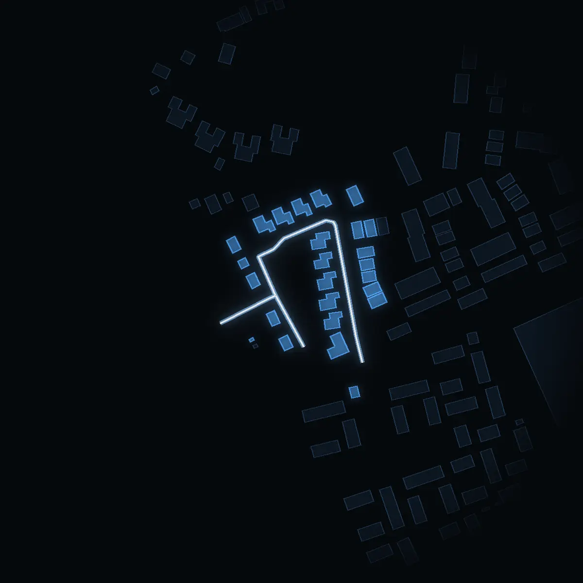 The street at night: Herdevägen drawn in white, its buildings lit in the colour of their area’s income