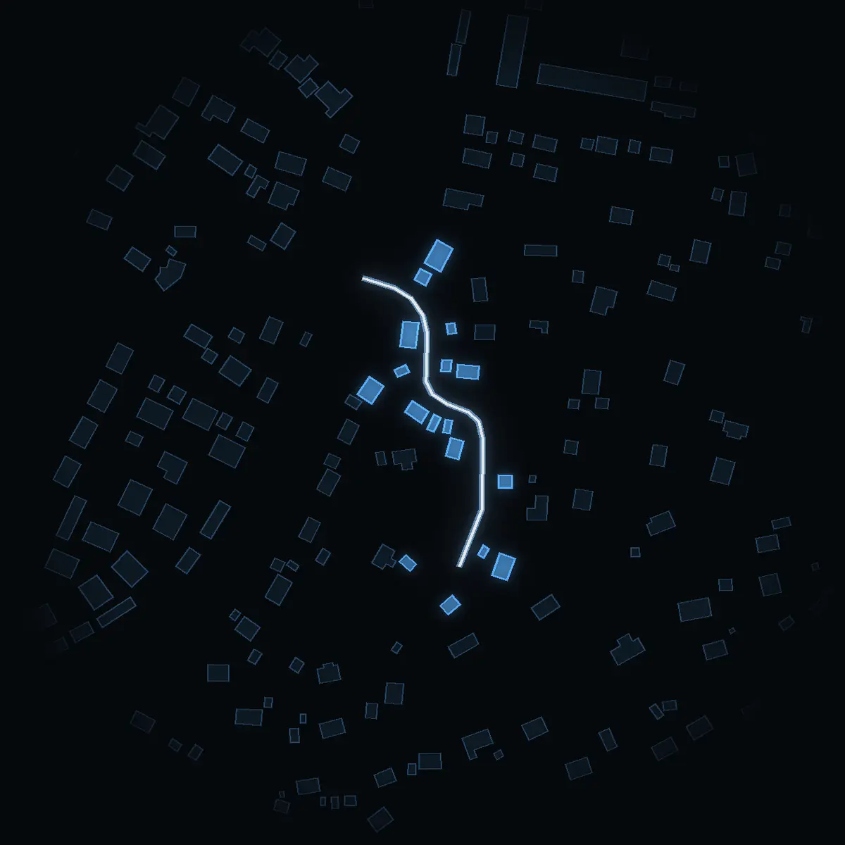 The street at night: Höjdvägen drawn in white, its buildings lit in the colour of their area’s income