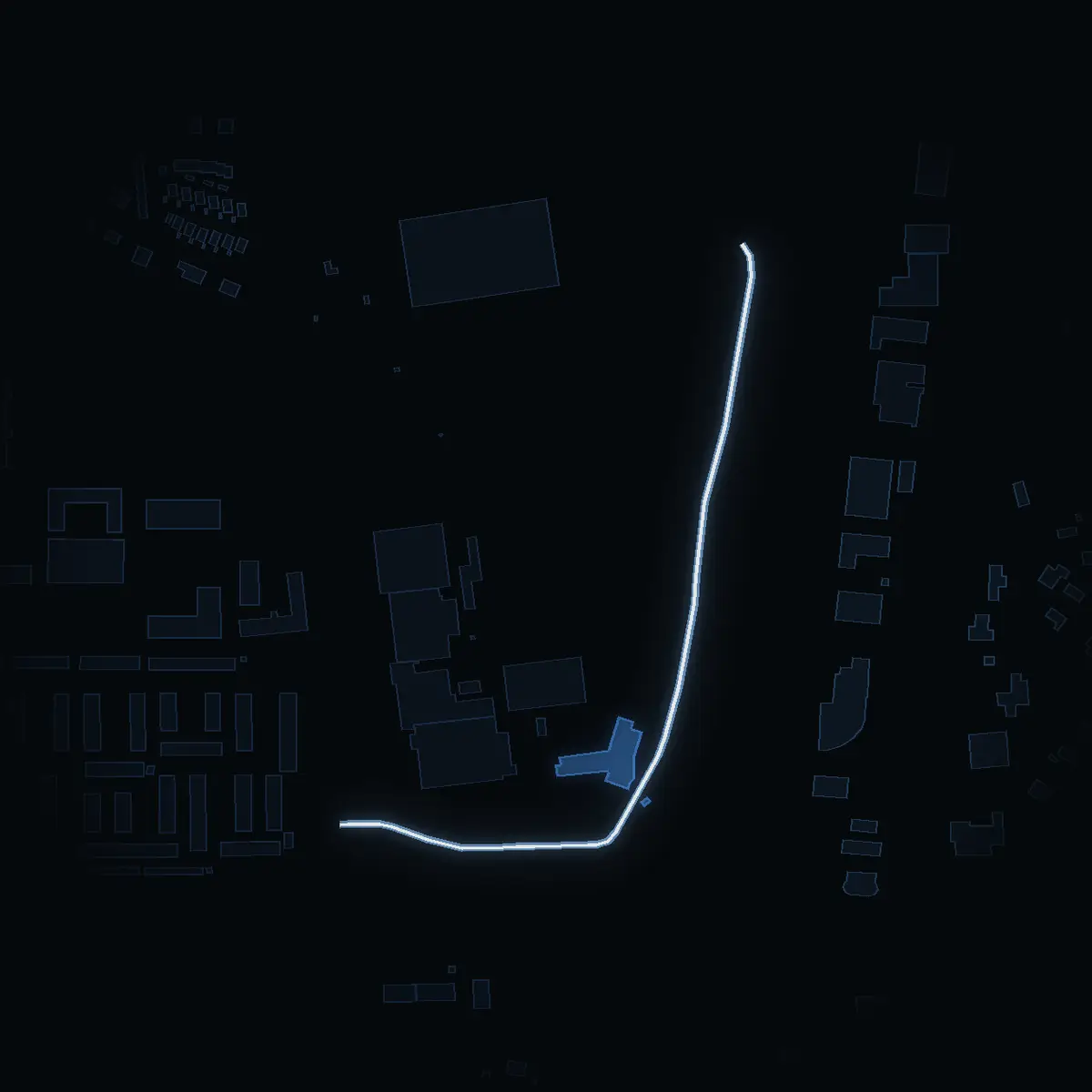 The street at night: Hotellvägen drawn in white, its buildings lit in the colour of their area’s income