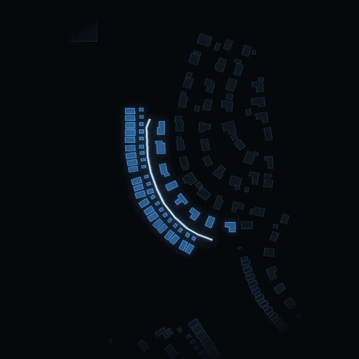 The street at night: Huddingegränd drawn in white, its buildings lit in the colour of their area’s income