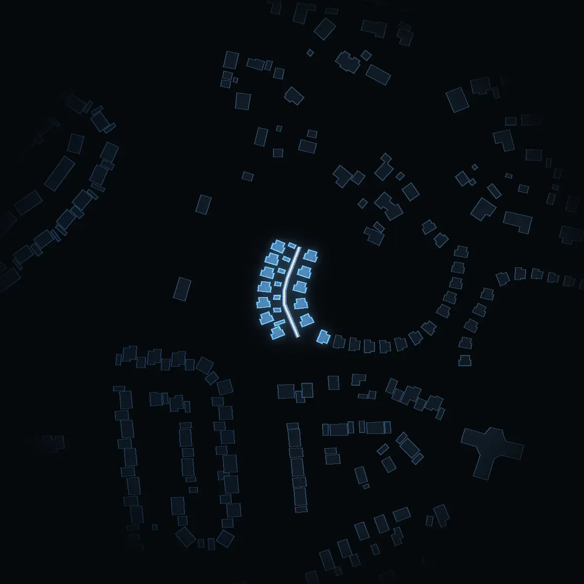 The street at night: Hyacintgränd drawn in white, its buildings lit in the colour of their area’s income