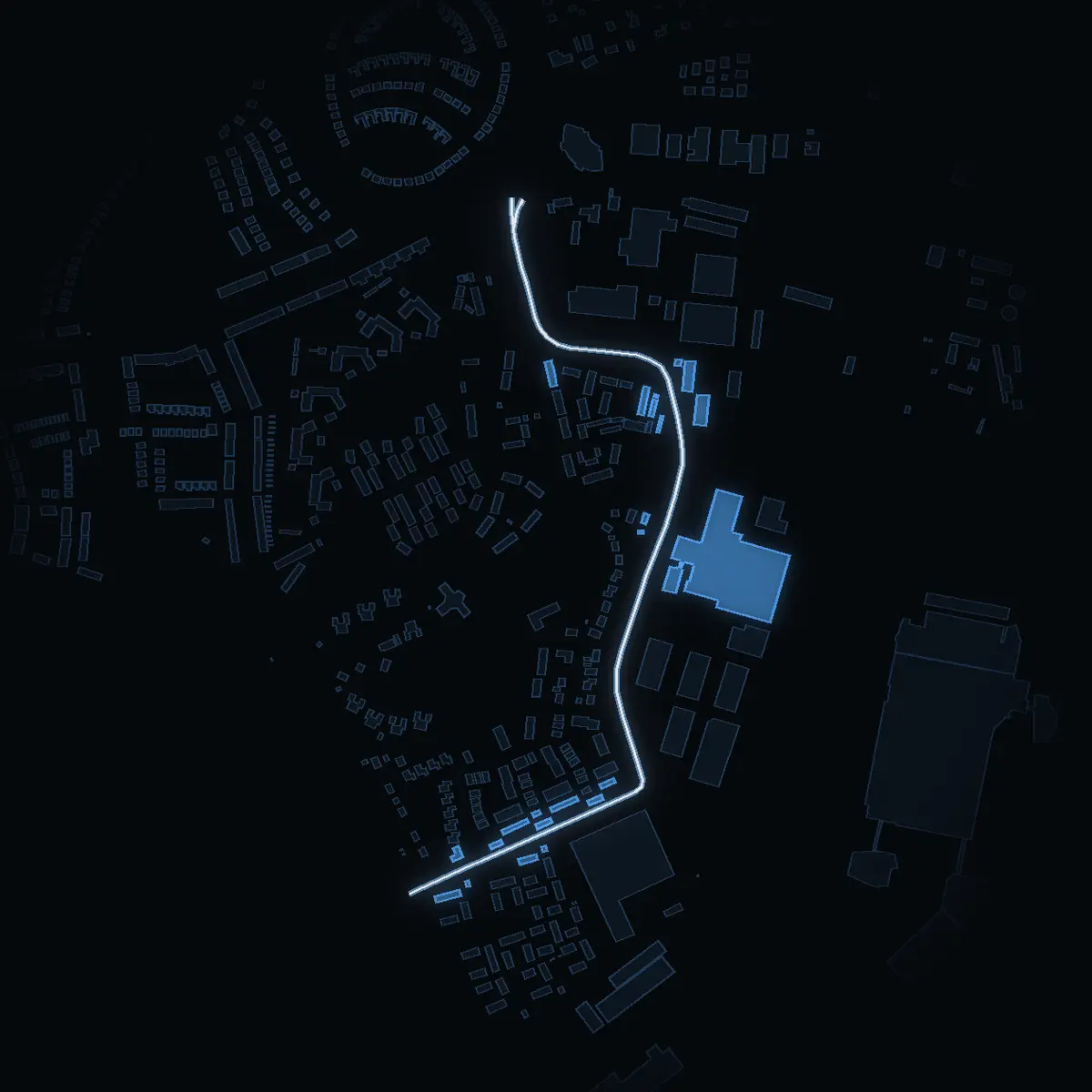 The street at night: Jupitervägen drawn in white, its buildings lit in the colour of their area’s income