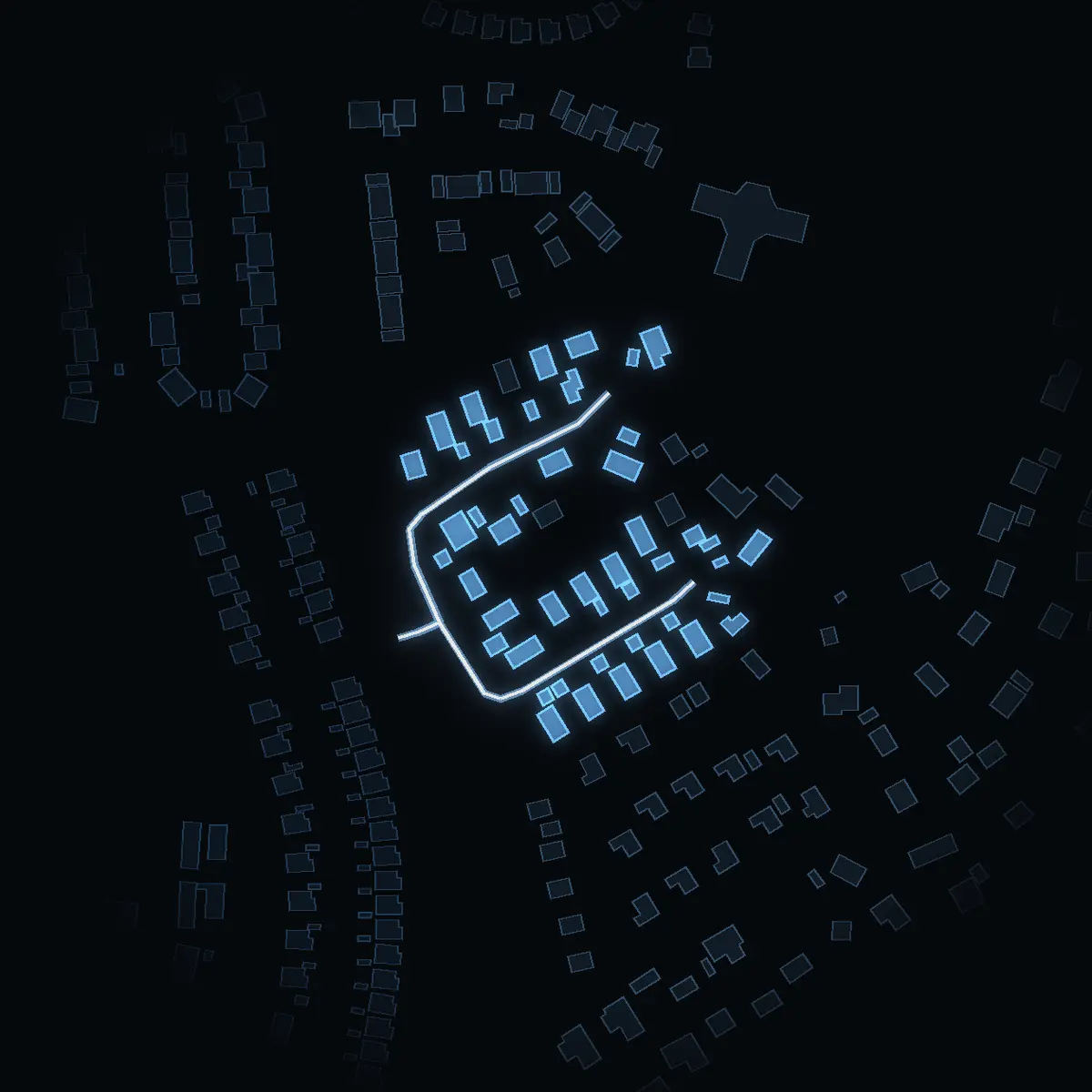 The street at night: Källvägen drawn in white, its buildings lit in the colour of their area’s income