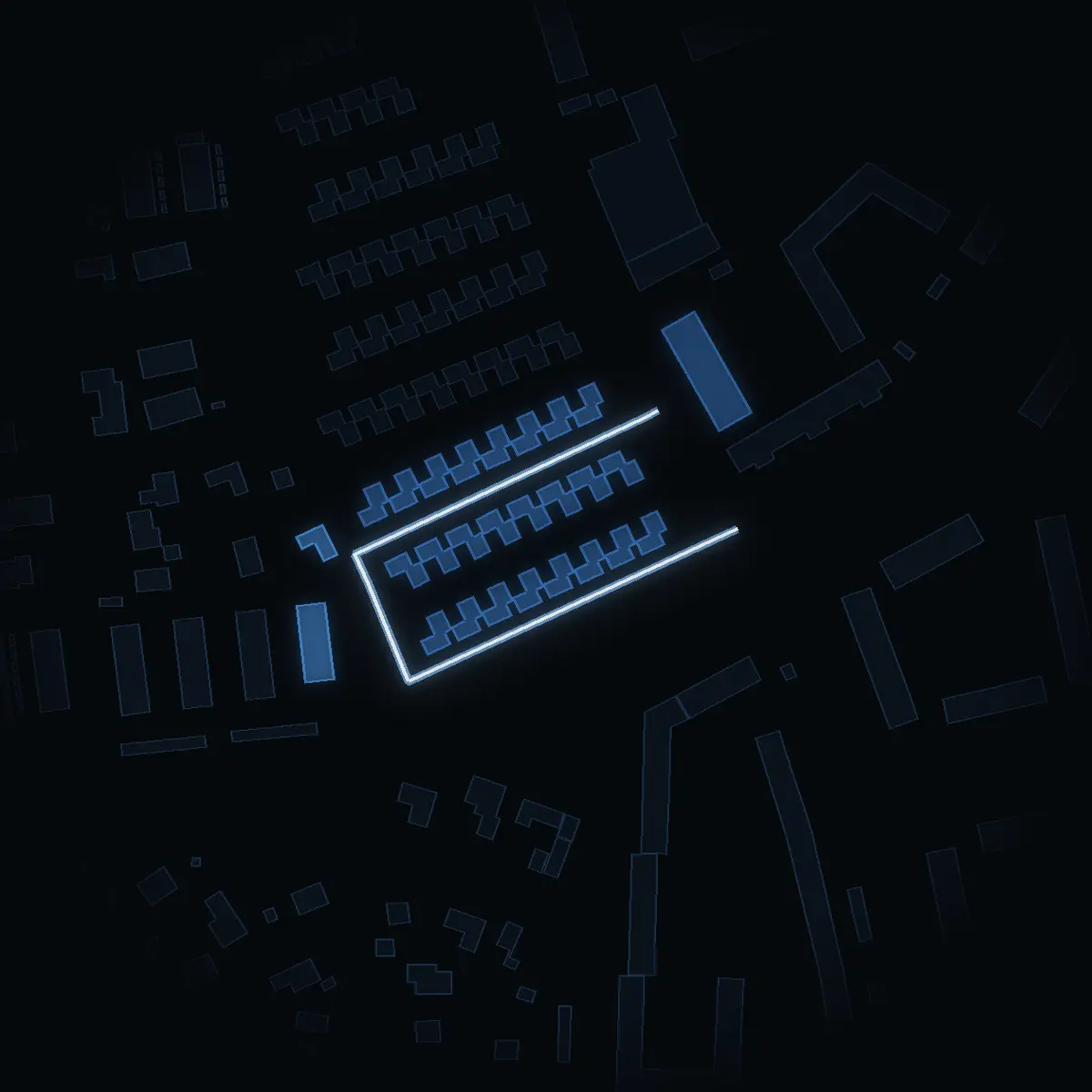 The street at night: Kedjevägen drawn in white, its buildings lit in the colour of their area’s income