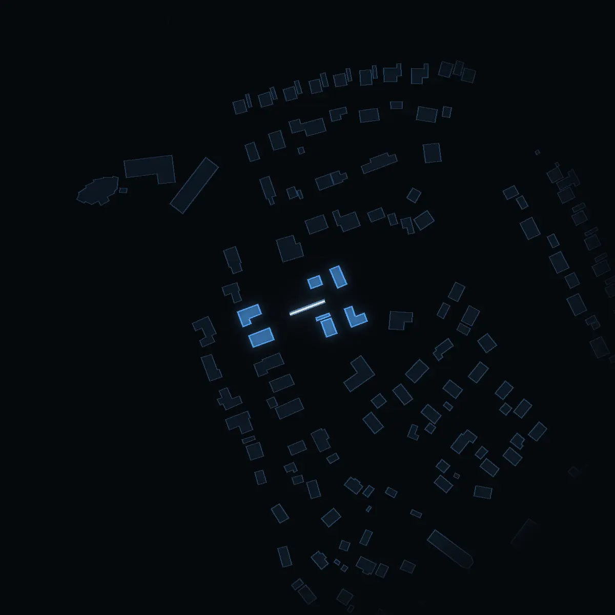 The street at night: Kocktorpsvägen drawn in white, its buildings lit in the colour of their area’s income