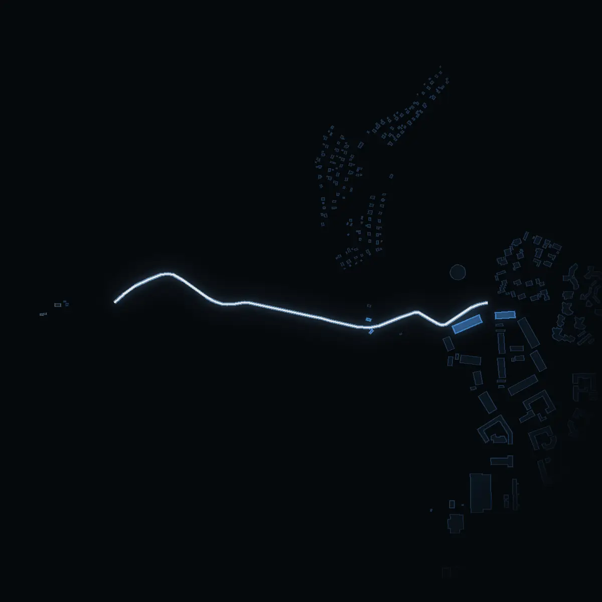 The street at night: Långtomtastigen drawn in white, its buildings lit in the colour of their area’s income