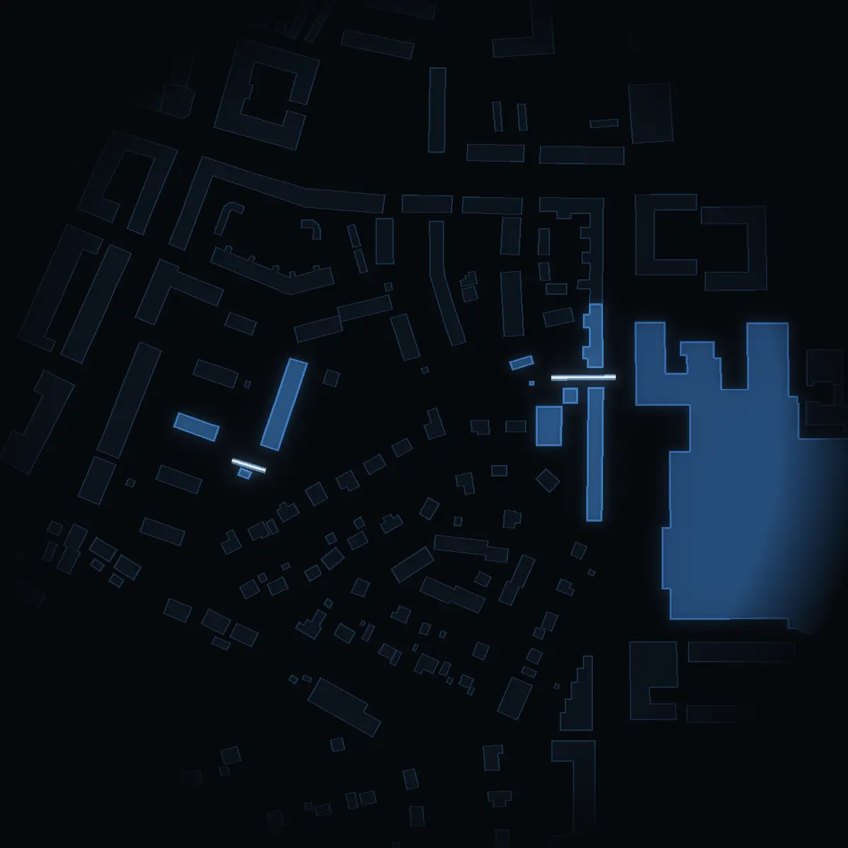 The street at night: Lantmätarstigen drawn in white, its buildings lit in the colour of their area’s income