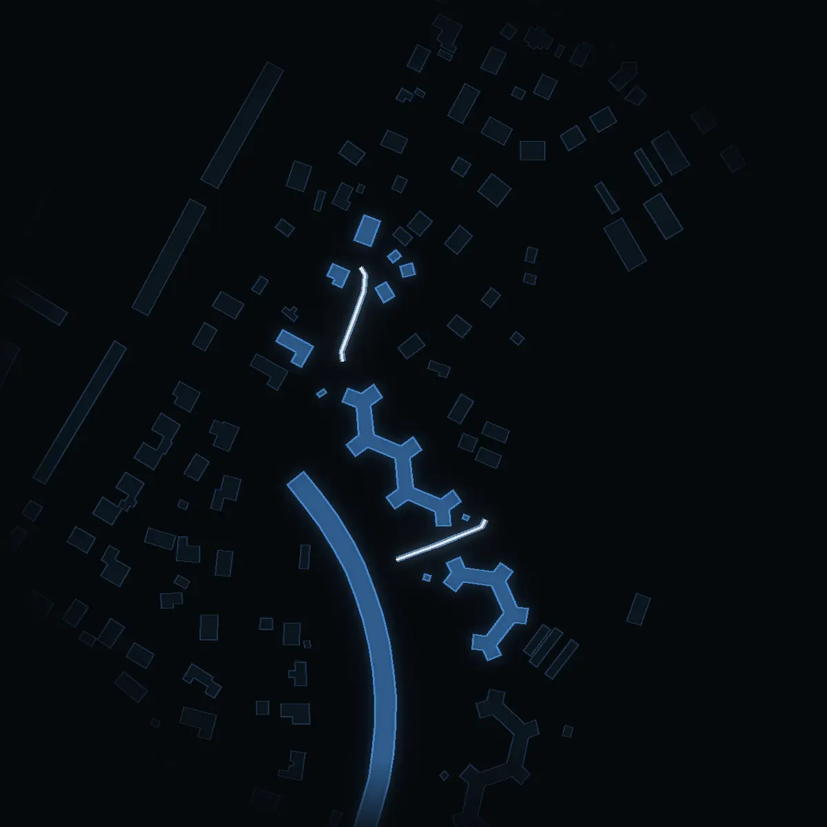 The street at night: Lillvägen drawn in white, its buildings lit in the colour of their area’s income