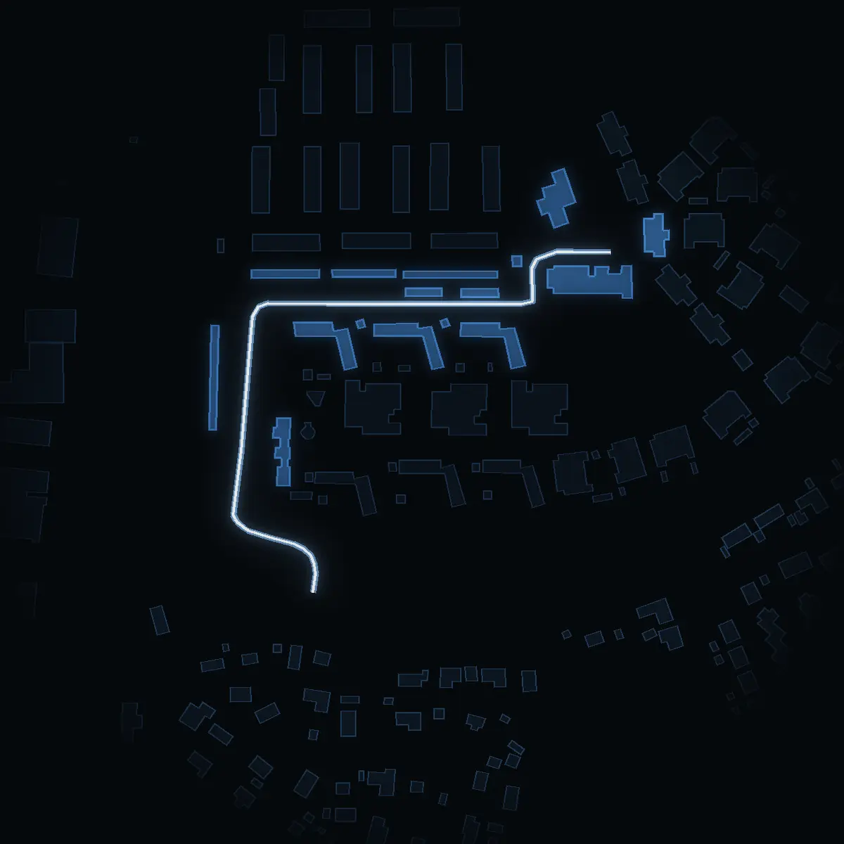 The street at night: Maria Krantzons väg drawn in white, its buildings lit in the colour of their area’s income