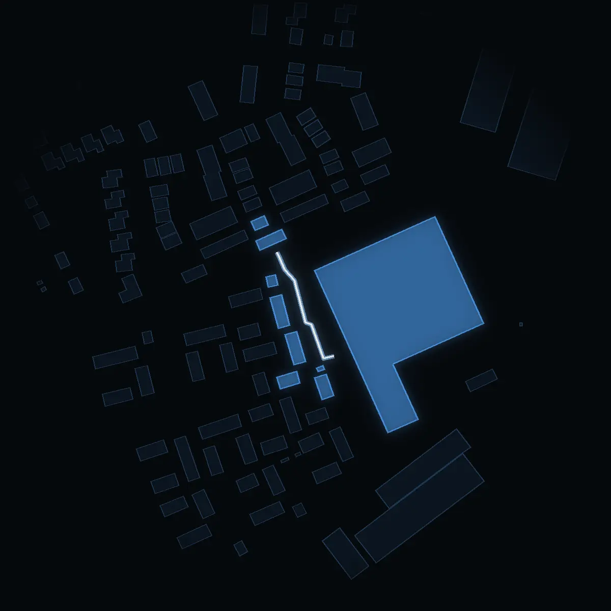 The street at night: Merkurigränd drawn in white, its buildings lit in the colour of their area’s income