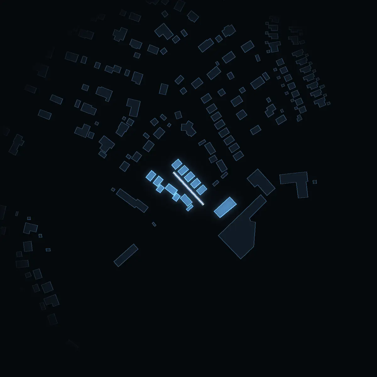 The street at night: Nategränd drawn in white, its buildings lit in the colour of their area’s income