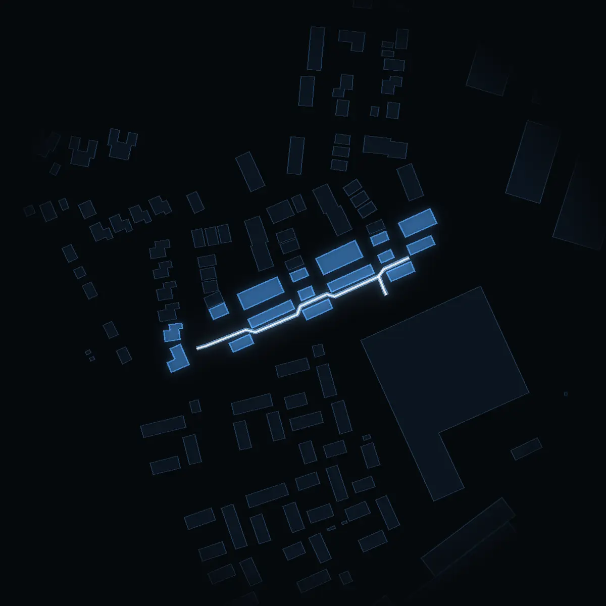 The street at night: Pilgrimsvägen drawn in white, its buildings lit in the colour of their area’s income