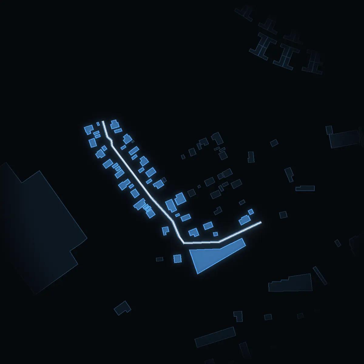 The street at night: Råbäckskroken drawn in white, its buildings lit in the colour of their area’s income