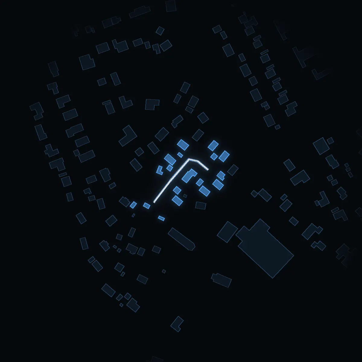 The street at night: Rimstaholmsvägen drawn in white, its buildings lit in the colour of their area’s income
