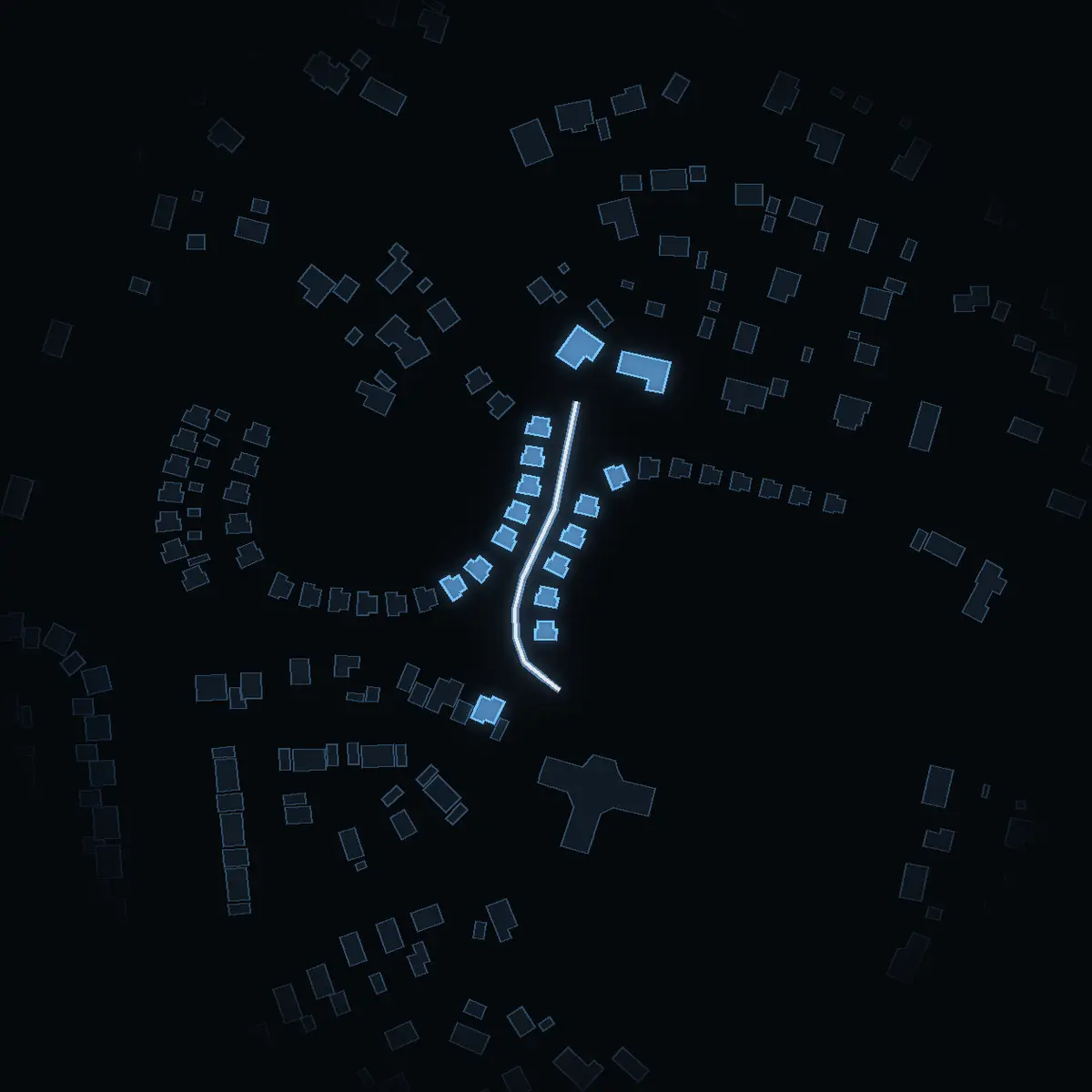 The street at night: Ringblomsvägen drawn in white, its buildings lit in the colour of their area’s income