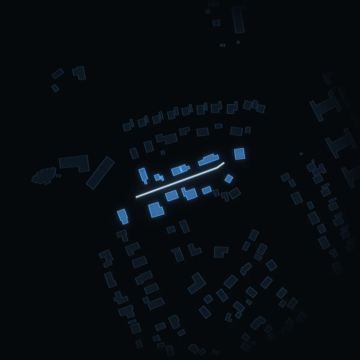 The street at night: Risbylevägen drawn in white, its buildings lit in the colour of their area’s income