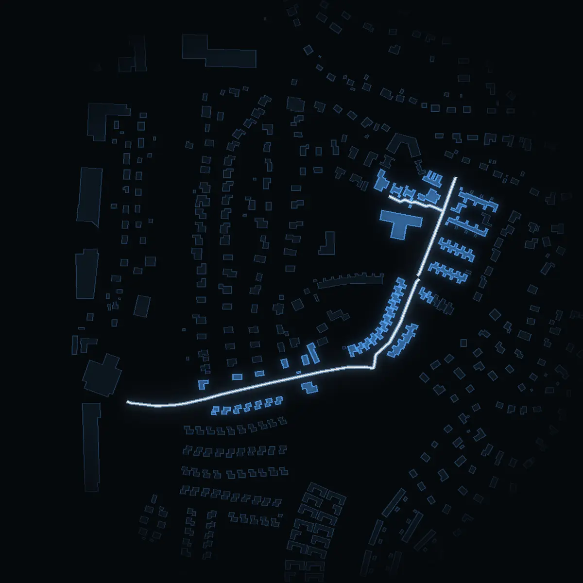 The street at night: Rosendalsvägen drawn in white, its buildings lit in the colour of their area’s income