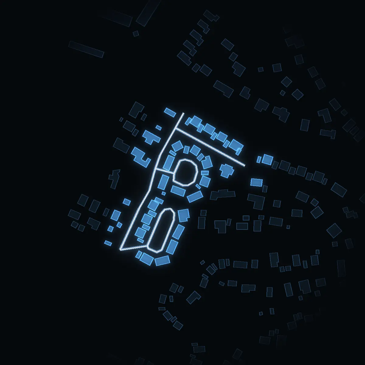 The street at night: Rosenhillsvägen drawn in white, its buildings lit in the colour of their area’s income