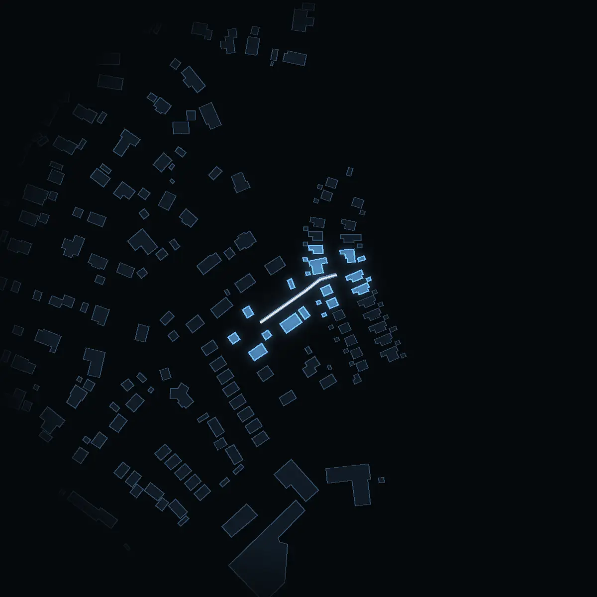 The street at night: Sävgränd drawn in white, its buildings lit in the colour of their area’s income