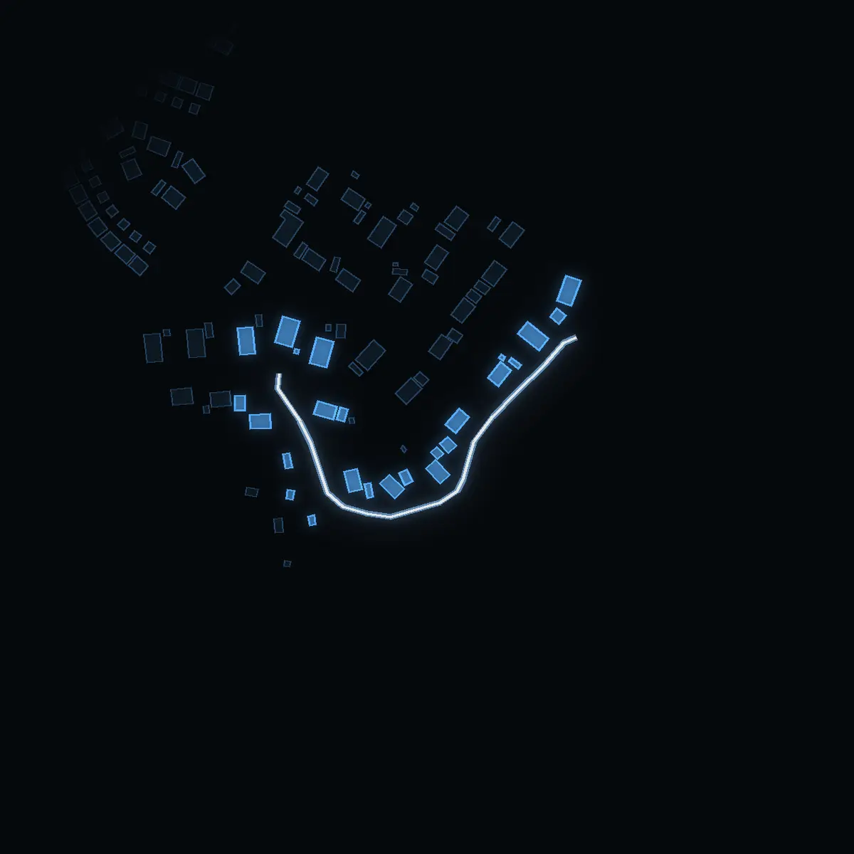The street at night: Sista Styverns Väg drawn in white, its buildings lit in the colour of their area’s income