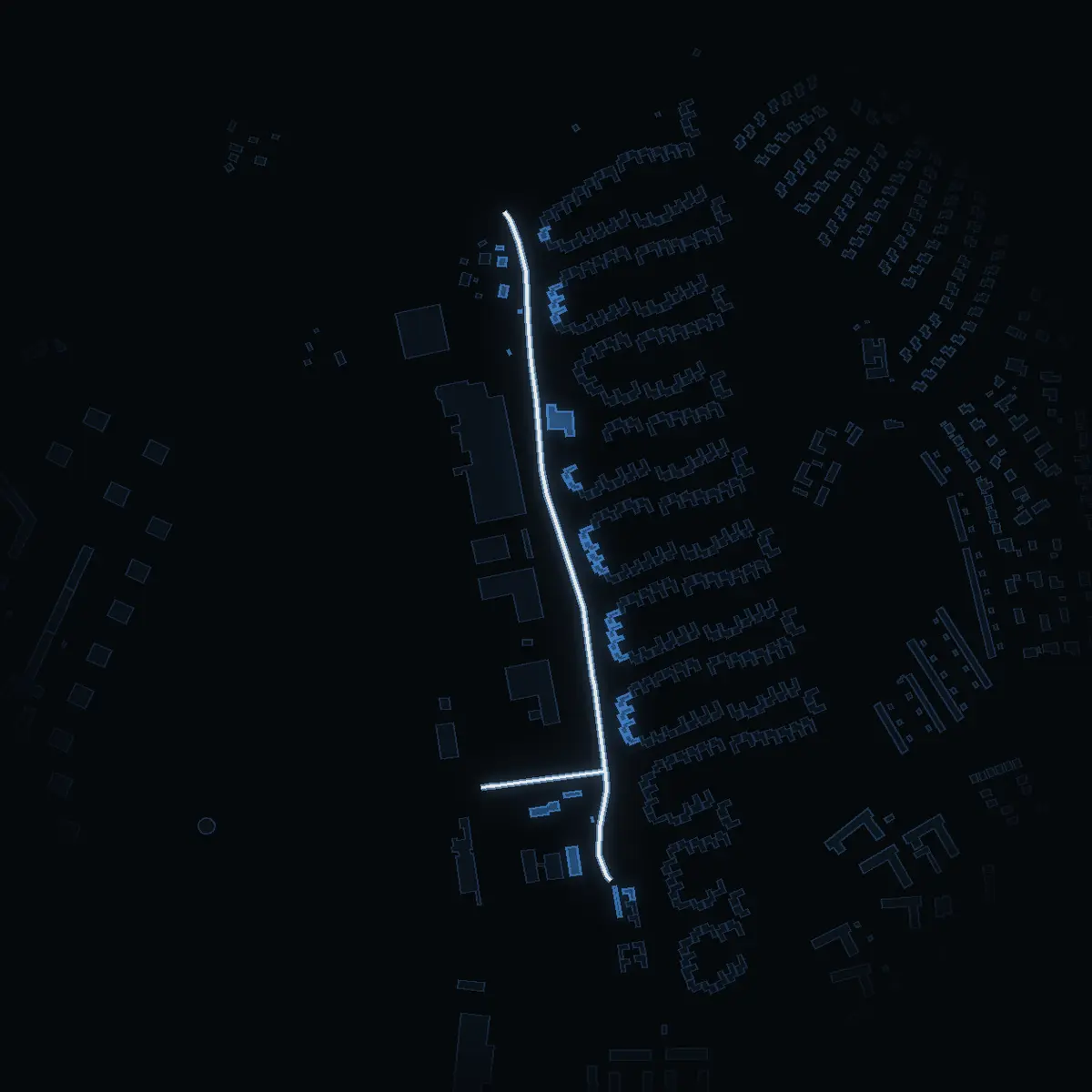 The street at night: Skälbyvägen drawn in white, its buildings lit in the colour of their area’s income