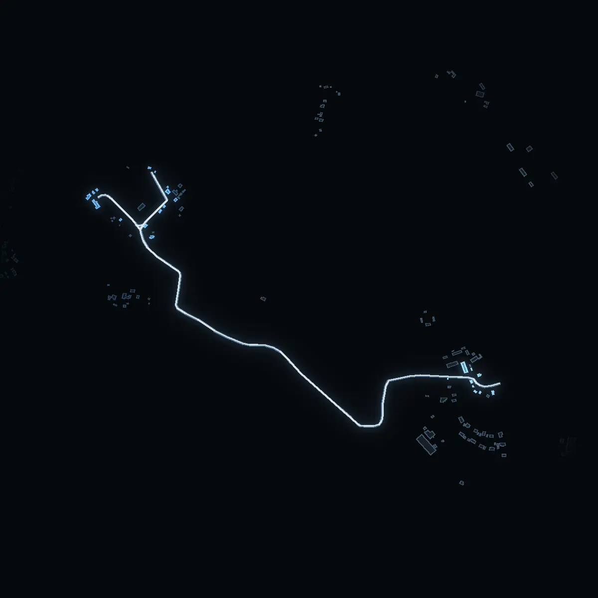 The street at night: Sköldnoravägen drawn in white, its buildings lit in the colour of their area’s income