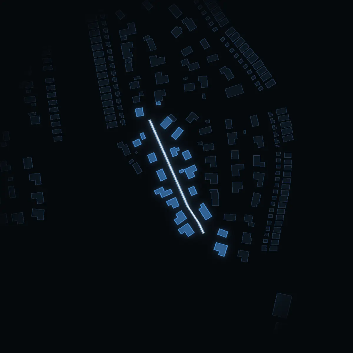 The street at night: Söderforsgränd drawn in white, its buildings lit in the colour of their area’s income