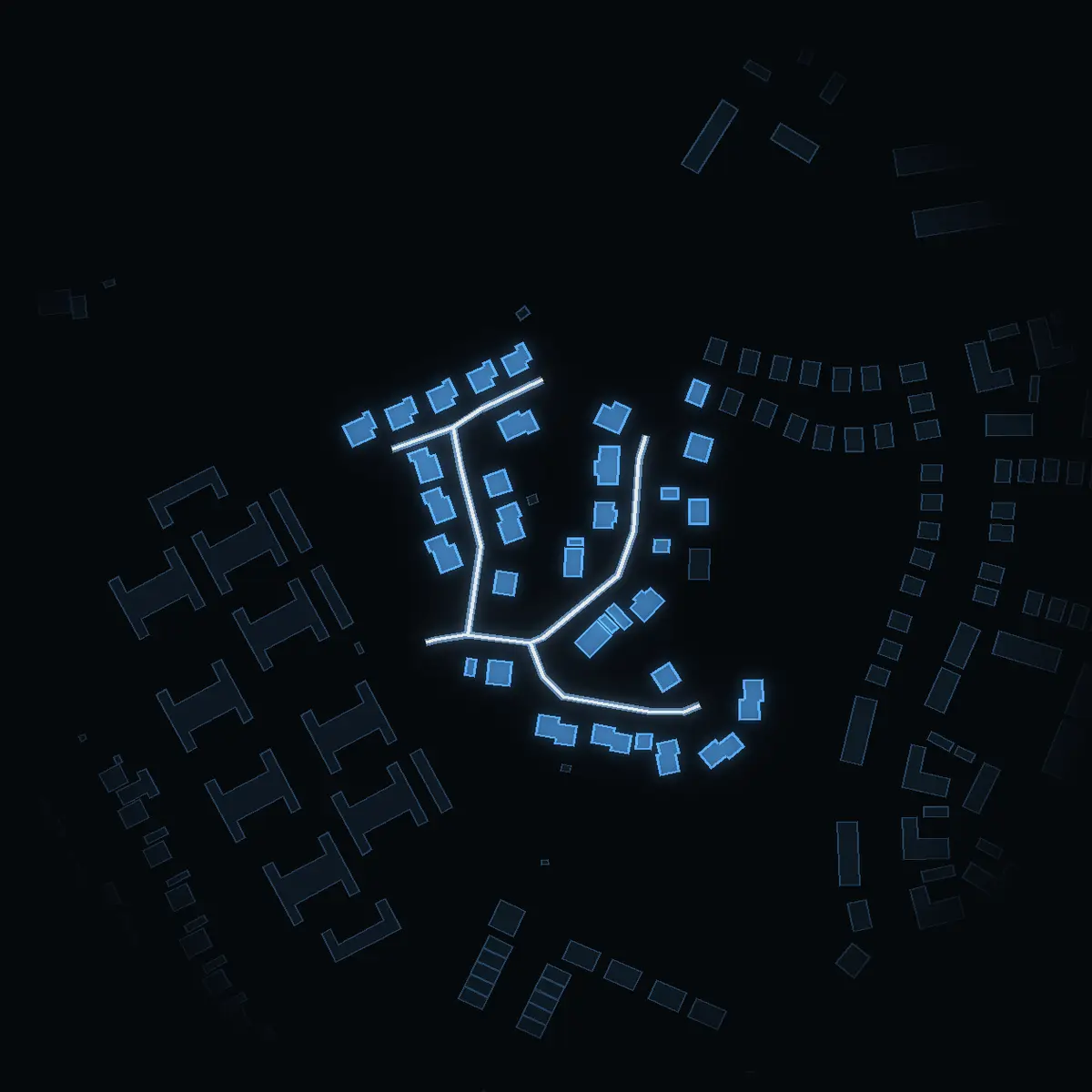The street at night: Stenbrovägen drawn in white, its buildings lit in the colour of their area’s income