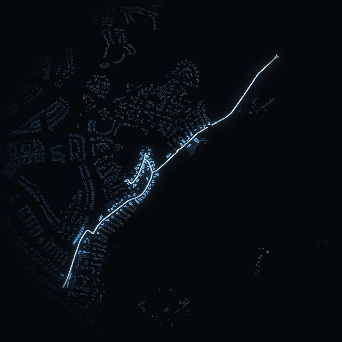 The street at night: Stora vägen drawn in white, its buildings lit in the colour of their area’s income
