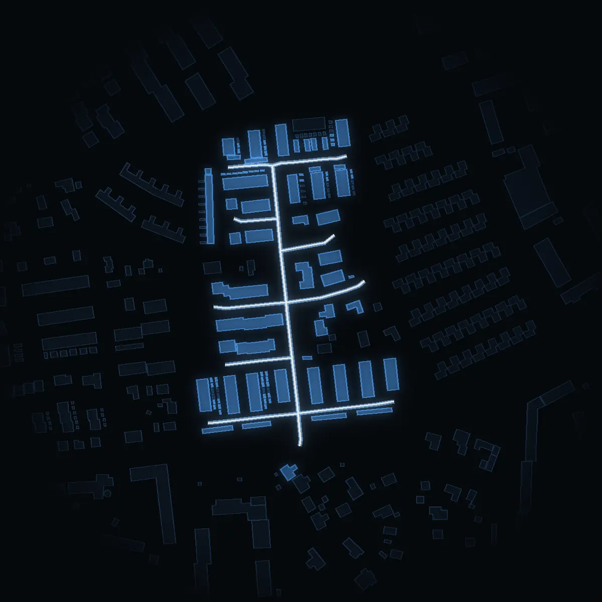 The street at night: Tetorpsvägen drawn in white, its buildings lit in the colour of their area’s income