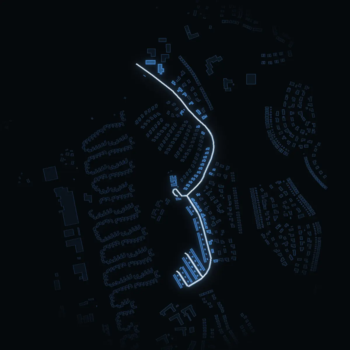 The street at night: Tunavägen drawn in white, its buildings lit in the colour of their area’s income