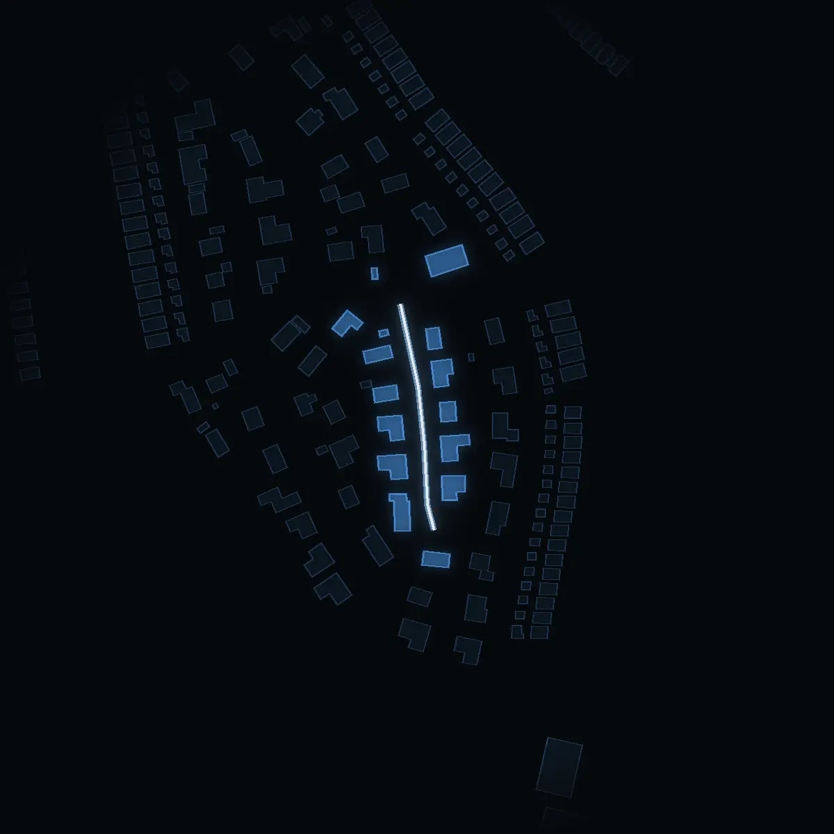 The street at night: Vadagränd drawn in white, its buildings lit in the colour of their area’s income