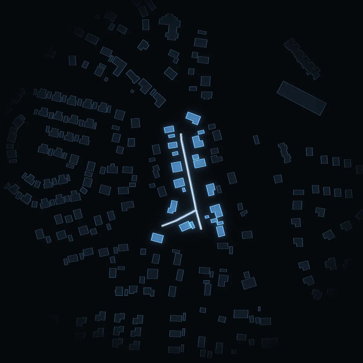 The street at night: Ängsstigen drawn in white, its buildings lit in the colour of their area’s income