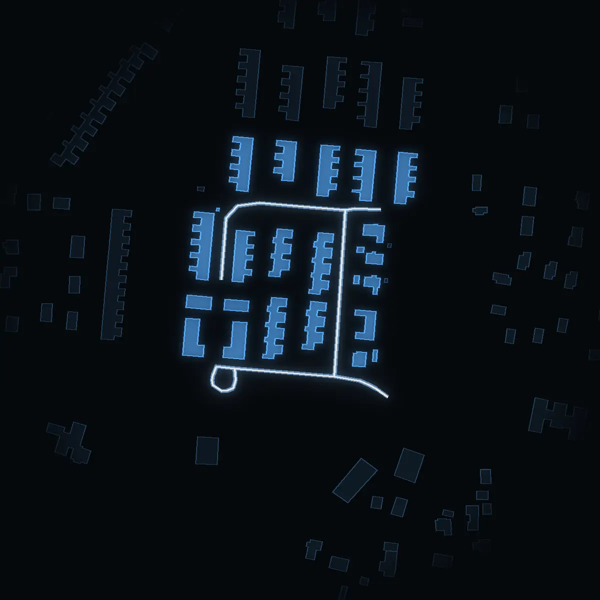 The street at night: Blekingevägen drawn in white, its buildings lit in the colour of their area’s income