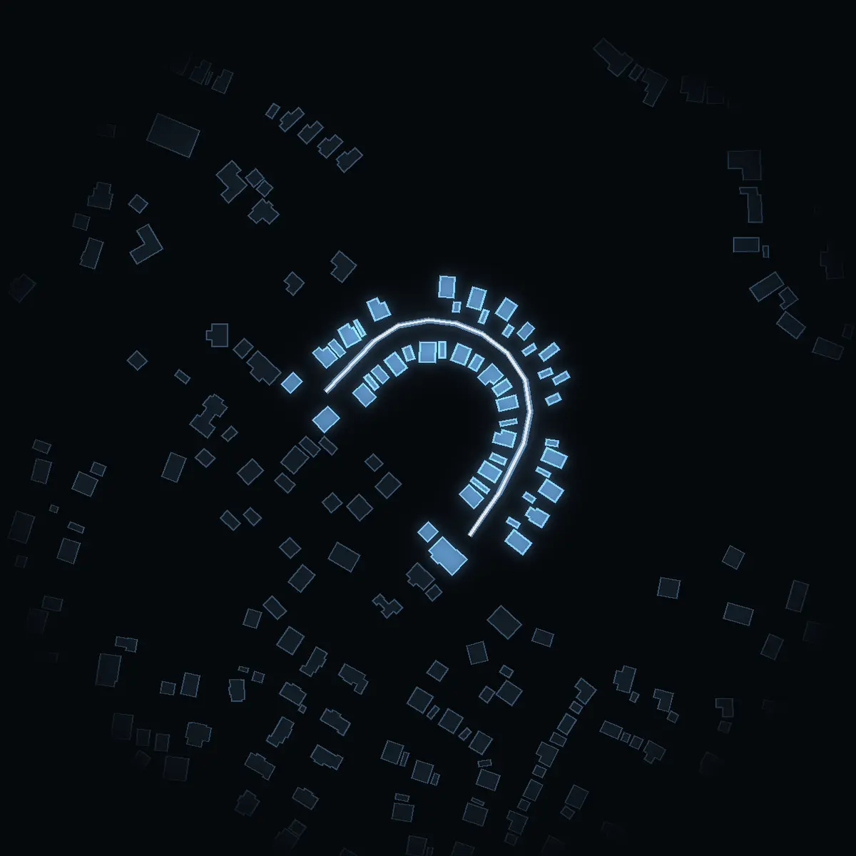 The street at night: Blockstigen drawn in white, its buildings lit in the colour of their area’s income